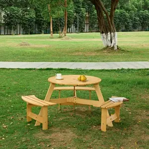 Bellemave Outdoor Circular Picnic Table - 4 Built-In Benches, Umbrella Hole - Garden, Backyard Outdoor Furniture