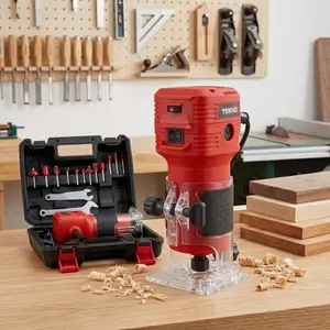 Professional 650W Electric Wood Trimmer, 32000 RPm high-Speed Handheld Router with 6-Speed Adjustment, Includes 12-Piece 1/4" bit set, Edge guide & portable tool case - complete power tool Kit for woodworking