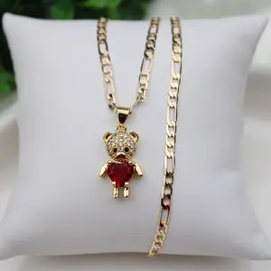 Gold Plated Chain 20" 3mm with Adorable Teddy Bear Pendant & Red Heart Charm for Stylish Accessories