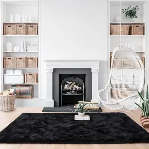 Soft Fluffy Non-slip Area Rug Super Soft Shaggy Rugs Fluffy Carpets 4x5.9 Feet Indoor Modern Plush Area Rugs for Living Room Bedroom Kids Room Nursery Home Decor Upgrade Anti-Skid Rectangular Fuzzy Rug Black Abstract Washable