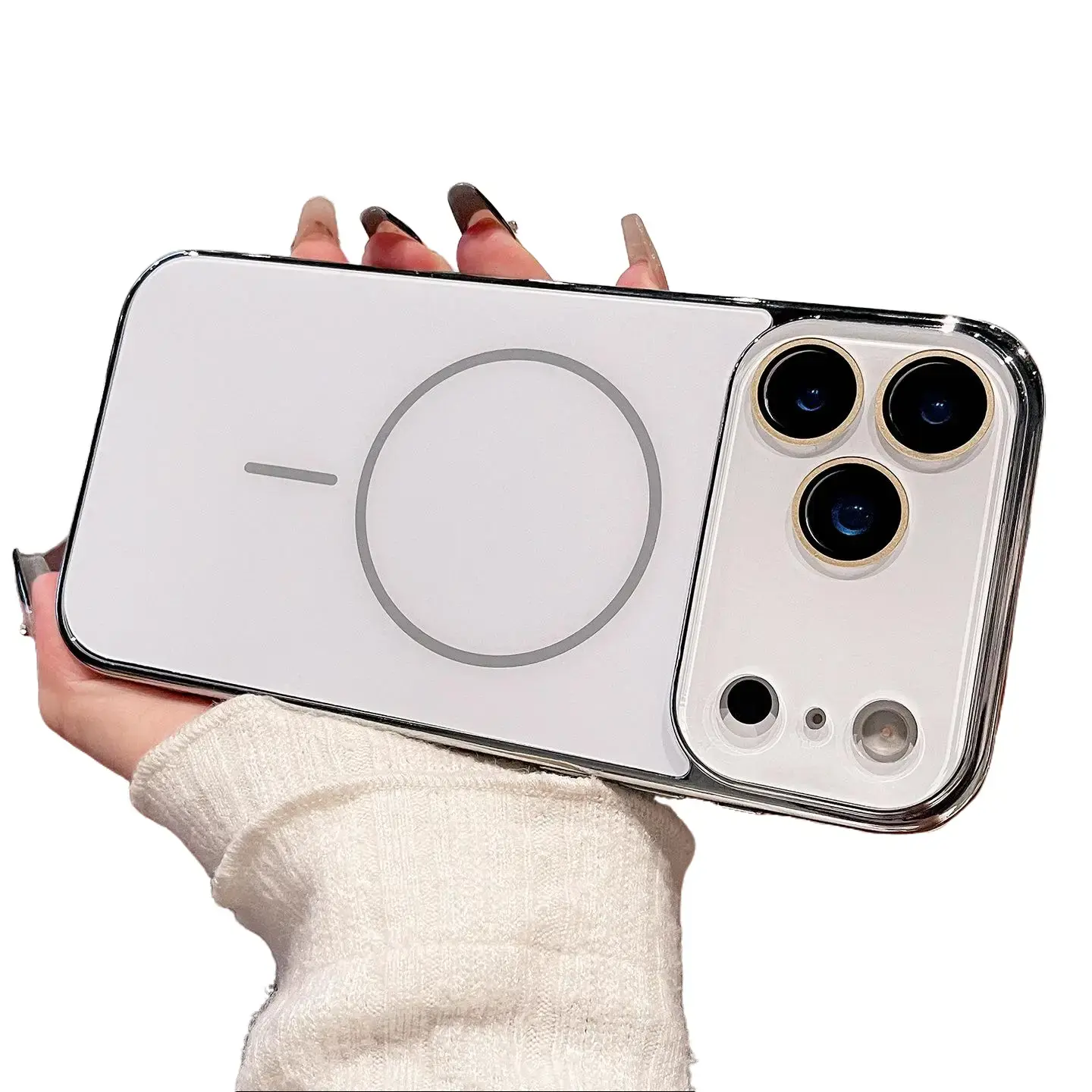 AG New Mirror Glass Protective Smartphone Case - Thin Nordic Hybrid Flexible Shell, High-End Casing for iPhone 12/13/14/15/16/17 Pro Max/Air, Electroplated Frame, Magnetic Ring, Ice Crystal Design, Anti-Drop Shockproof Cellphone Accessory