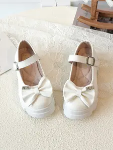 Girls' Mary Jane Flats Thick Sole Leather Shoes, Butterfly Knot & Rhinestone Decor, Anti-Slip Wear-Resistant, Adjustable Buckle Strap