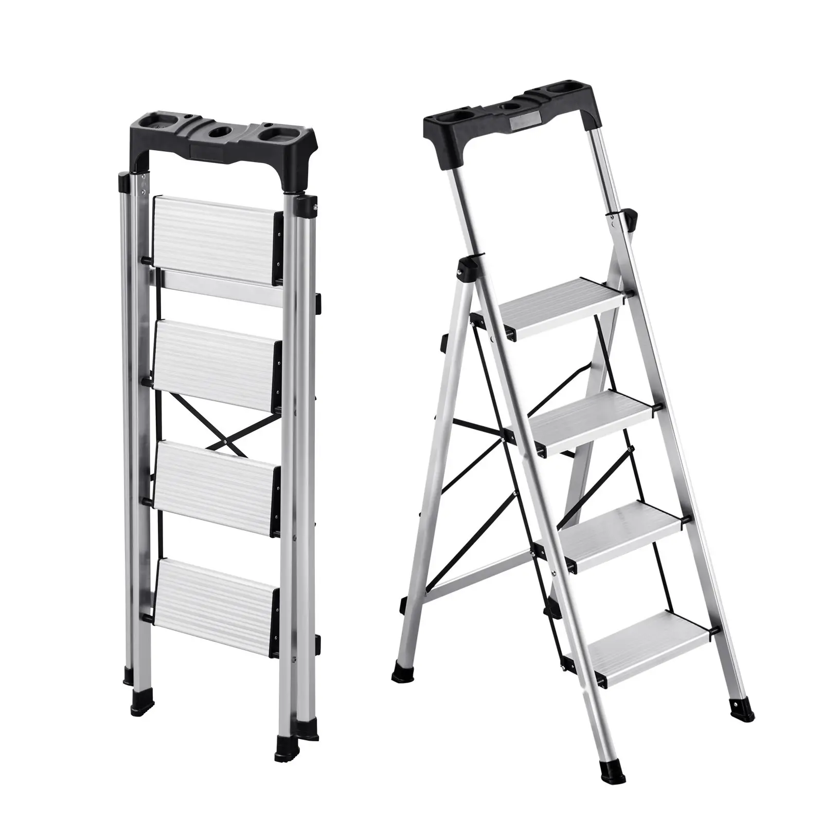 4-Step Folding Step Ladder With Wide Anti-Slip Pedals And Comfortable Handgrip, 330 Lbs Capacity Portable Aluminum Stepladder For Kitchen, Home, Office, Warehouse, Garage, Utility And Other Multi-Use Tasks, Silver