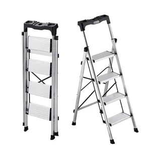 4-Step Folding Step Ladder With Wide Anti-Slip Pedals And Comfortable Handgrip, 330 Lbs Capacity Portable Aluminum Stepladder For Kitchen, Home, Office, Warehouse, Garage, Utility And Other Multi-Use Tasks, Silver