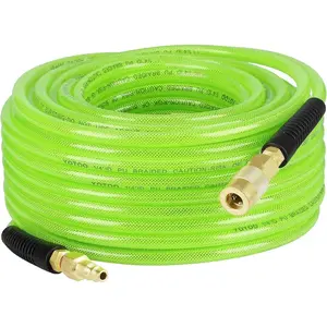 Reinforced Polyurethane Air Hose 1/4" Inner Diameter by 100' Long, Flexible, Heavy Duty Air Compressor Hose with Bend Restrictor, 1/4" Swivel Industrial Quick Coupler and Plug, Green