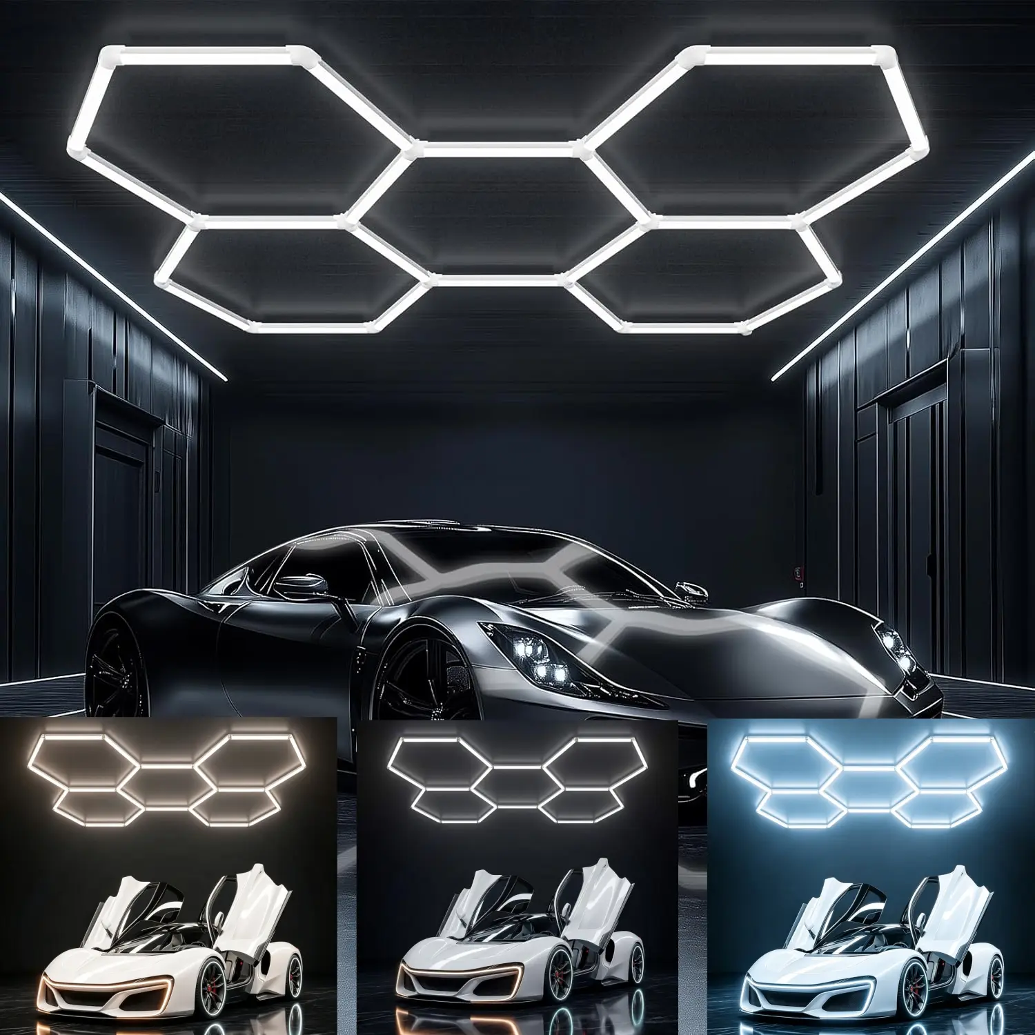 Hexagon Garage Lights 168W 5 Grids 3CCT 4000K 5000K 6000K 20160LM LED Garage Lights Easy Install Daylight Super Bright Honeycomb Light