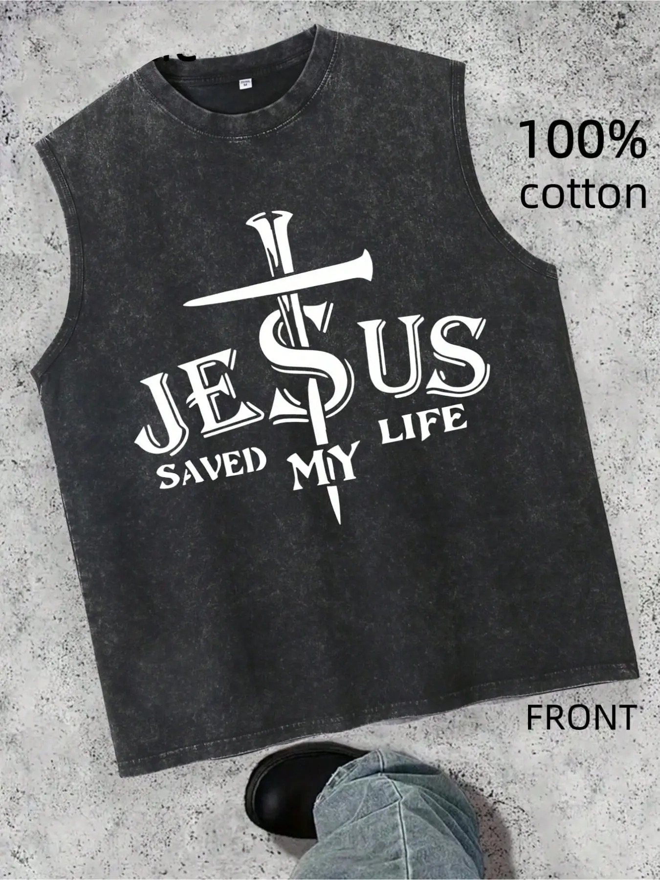 Jesus Saved My Life Cross Print Religious Statement Sleeveless Top Washable Sleeveless Vest ,100% Cotton, Y2K Style, Hip-Hop Street Style, Digital Print. Perfect Gift Choice.