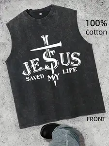 Jesus Saved My Life Cross Print Religious Statement Sleeveless Top Washable Sleeveless Vest ,100% Cotton, Y2K Style, Hip-Hop Street Style, Digital Print. Perfect Gift Choice.