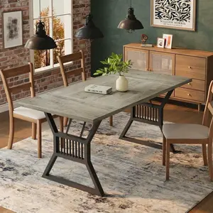 71 Inch Large Rectangle Dining Table for 4-6 People, Geometric Metal Legs & Thick Wood Tabletop, Modern Farmhouse Style, for Dining Room