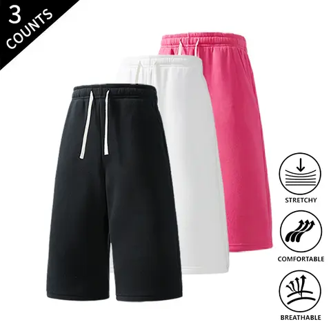Men's 3-Pack Plain Polyester 7/8 Cropped Trousers with 7/8 Cropped Edge - Loose Relaxed Fit Menswear Sportswear, Athletic Casual Activewear, Outdoor-Ready for Summer Use