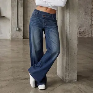 Lady's Low-Rise Chunky Baggy Wide Leg Jeans, Relaxed Fit Twist Crossover Waistband Denim Bottoms with Pocket