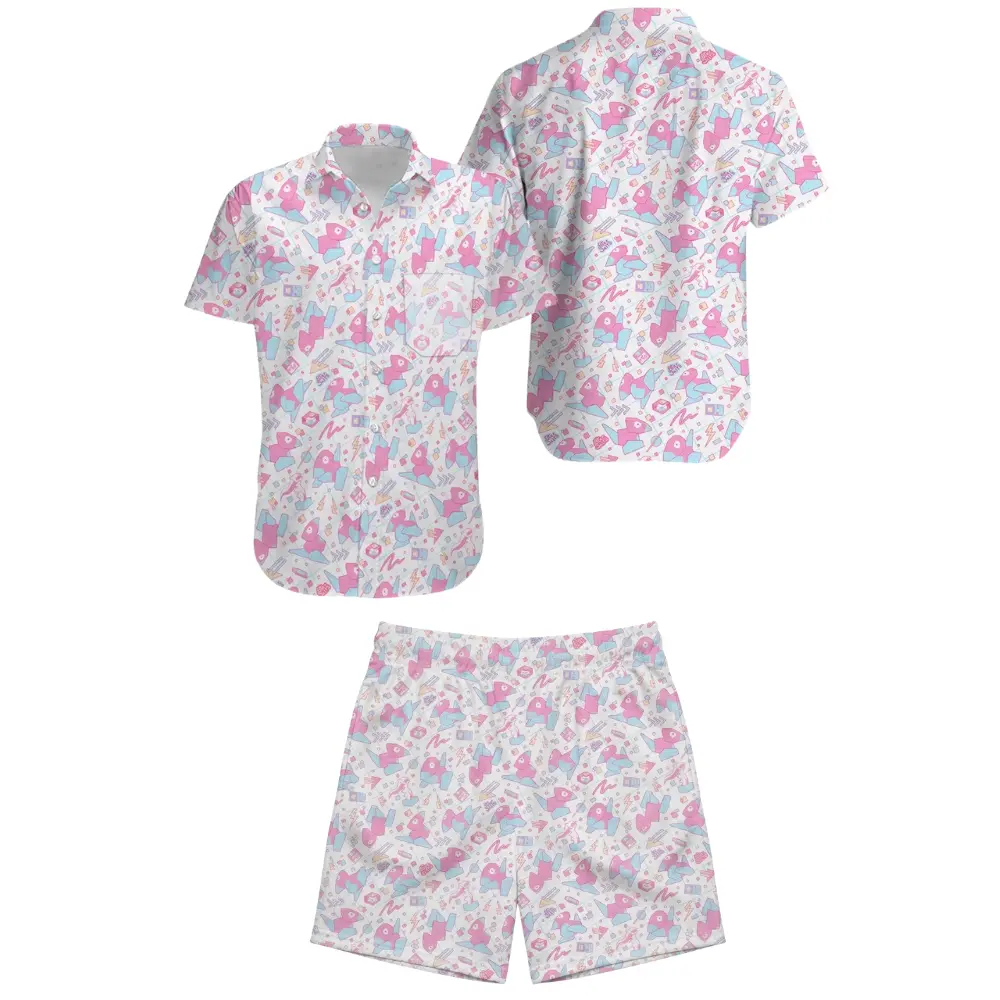 Porygon PKM Pocket Monsters Matching Hawaiian Shirt Shorts Set, Kawaii Electric Mouse Anime Print Summer Set, Perfect Gift for Him, Her
