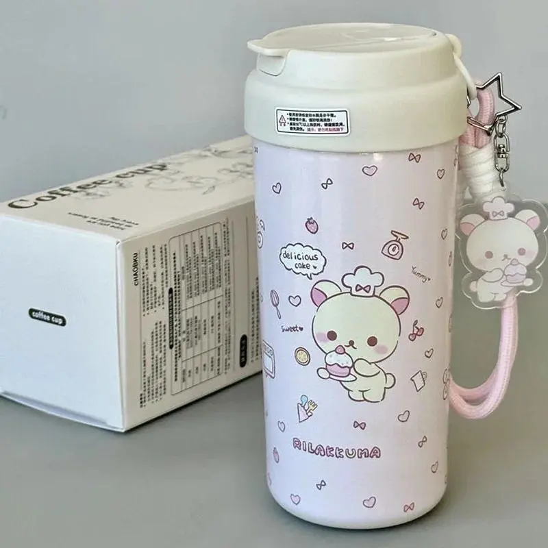 550ml Kawaii Rilakkuma Cartoon Print Thermos Cup Ice Cubes Sippy Water Cup Large Capacity Portable Lanyard Girls Birthday Gift