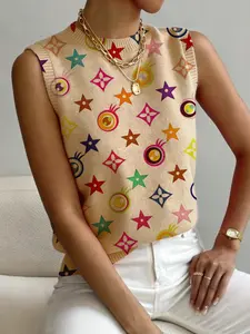 Women's Geometric Pattern Color Block Printed Small Stand Collar Short Sweater, Sleeveless Knit Top for Spring, Fall & Winter, Comfortable and Versatile Fitted Layering Top for All Seasons, Lady Knitwear
