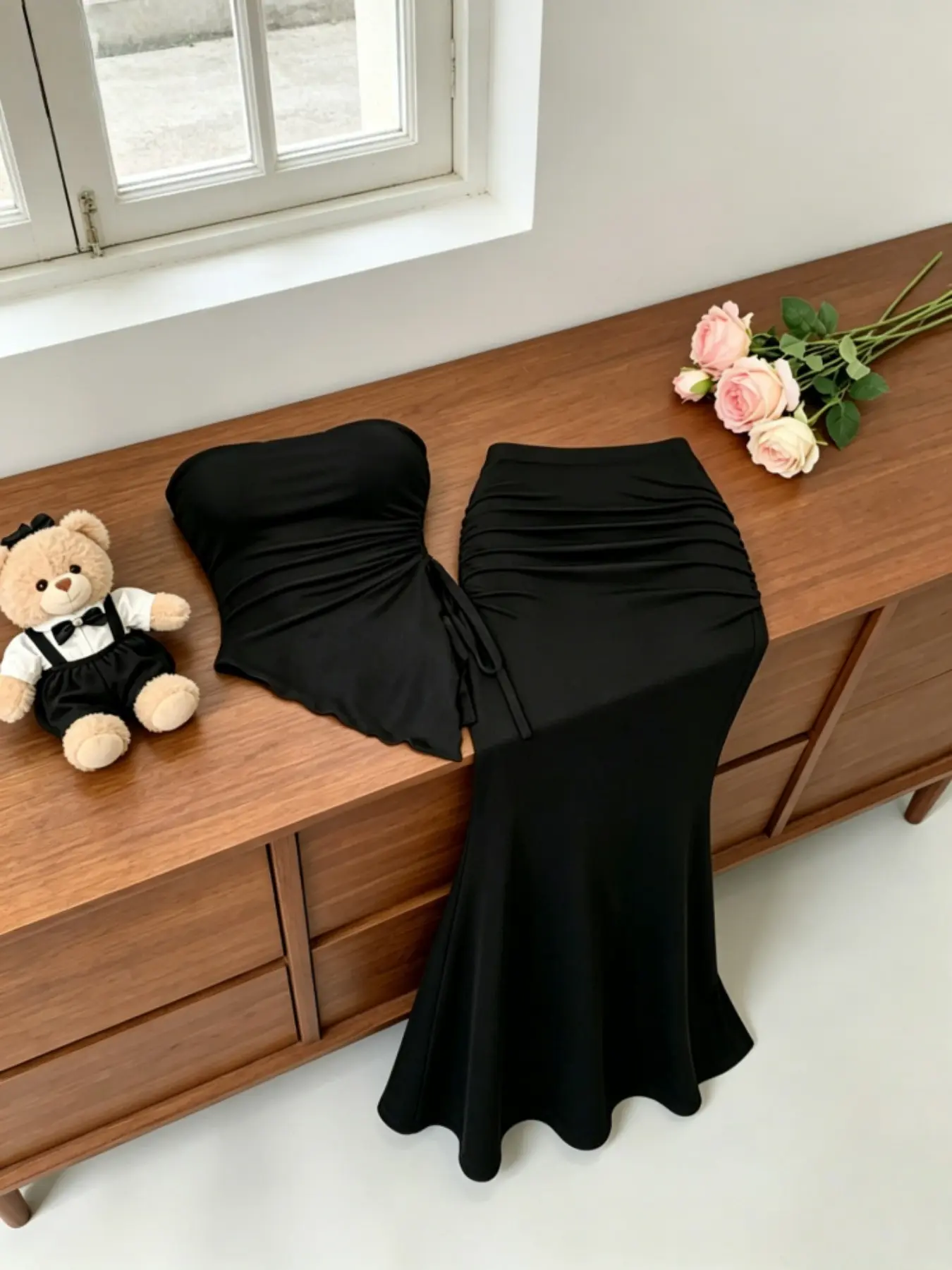 Sexy Strapless Halter Bustier Top & High Waist Mermaid Skirt Set, Spring Slim Fit Ruched Design Adjustable Drawstring, Perfect for Night Out, Fashionable Two-Piece, Womenswear, Outfit, Clothes