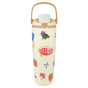 Cute Fruit Sticker Tumbler with Handle, Aesthetic Cream Water Bottle with Straw Lid, Kawaii Frog Strawberry Mushroom Design Travel Cup for School Office Gym, Trendy Drinkware Gift for Women Teens