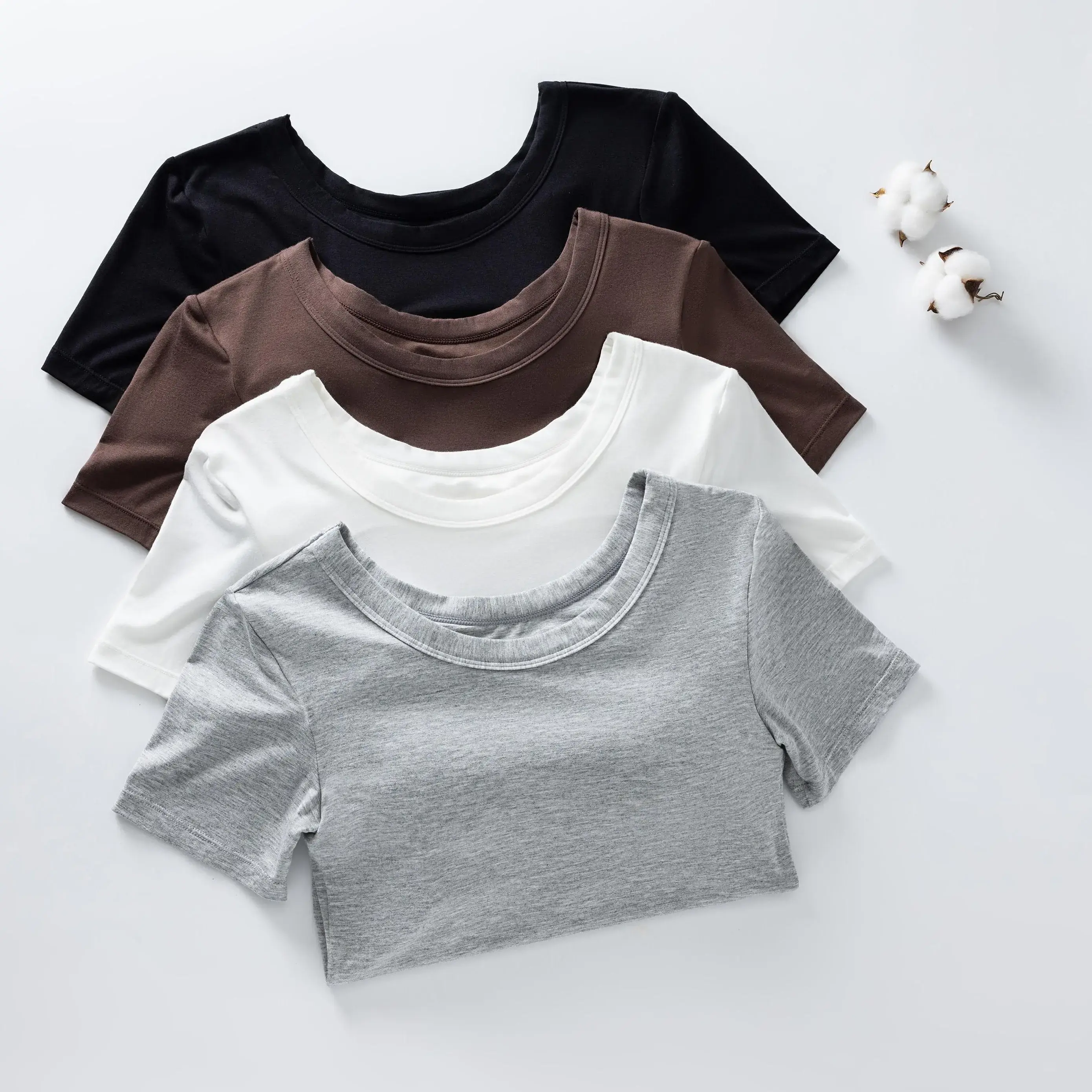 EssElegance Women's Built in Bra T Shirt | Stretchy Short Sleeve Crew Neck Top with Shelf Bra | Wireless Seamless Slim Fit Tee | Buttery Soft Bra Free Basic | Minimalist Clean Girl Aesthetic Sculpting Tee | Summer Essential Multi Color