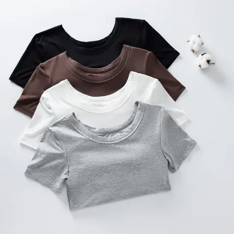 EssElegance Women's Built in Bra T Shirt | Stretchy Short Sleeve Crew Neck Top with Shelf Bra | Wireless Seamless Slim Fit Tee | Buttery Soft Bra Free Basic | Minimalist Clean Girl Aesthetic Sculpting Tee | Summer Essential Multi Color