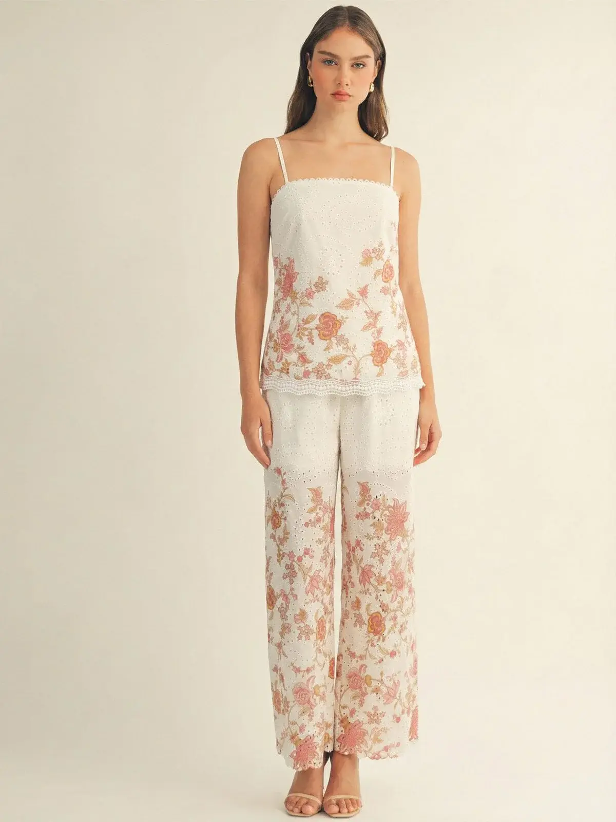 ESYAZO Floral Eyelet 2-Piece Set – Premium Lace-Trim Cami & Wide-Leg Trousers