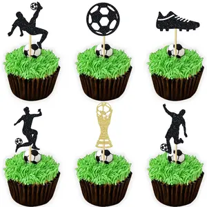 12/24Pcs Soccer Cupcake Toppers Glitter Football player Soccer Ball Trophy Cupcake Picks Sport Cake Decorations Football Theme Birthday Party Supplies Sports Events Cake Decorating Supplies