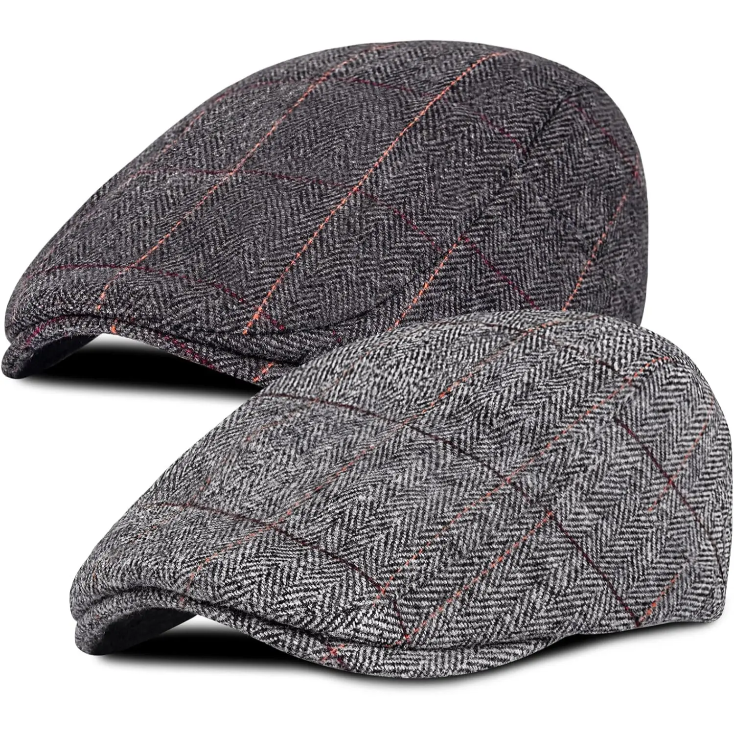 2 Pack Newsboy Caps for Men Adjustable Herringbone Tweed Wool Blend Flat Caps Ivy Cabbie Driving Hats
