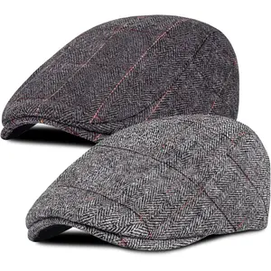 2 Pack Newsboy Caps for Men Adjustable Herringbone Tweed Wool Blend Flat Caps Ivy Cabbie Driving Hats