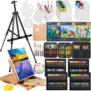 Nicpro 158Pack Deluxe Art Painting Kit with Metal and Solid Beech Wood Easel, Acrylic, Oil & Watercolor Paint Set, Paint Brushes, Canvas, Palette, Paper Pad, Professional Art Set for Adults Artist