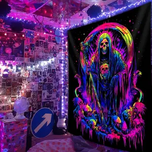 Glow in the Dark Grim Reaper Skull Tapestry, Fantasy Themed Polyester Wall Hanging, Indoor Portrait Orientation Woven Decor for Living Room, Dorm - No Electricity or Battery Needed 60X40