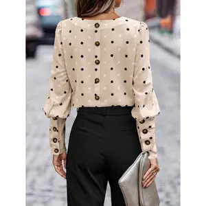 Elegant Apricot Polka Dot Print Puff Sleeve Blouse for Women - Regular Fit Long Sleeve Top with Button Details & Round Neckline