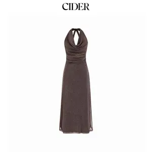 Cider Metallic Cowl Neck High Rise Straight Maxi Dress