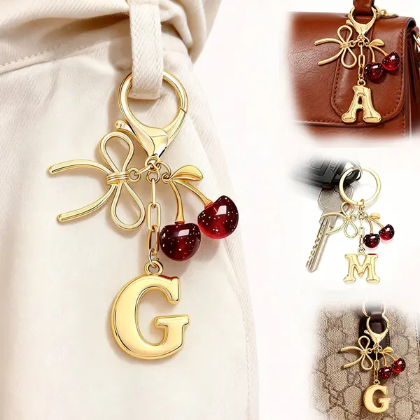 Personalized Cute Red Cherry Bow Keychain for Women Custom Letter G Pendant Backpack Bag Charm Sweet Gift for Her Key Ring for Purse Wallet Car Keys Birthday Valentine's Day