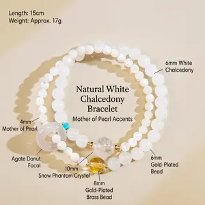 Natural White Chalcedony & Mother of Pearl Bracelet | Snow Phantom Crystal Energy Bangle for Women | Elegant Zen Jewelry Gift