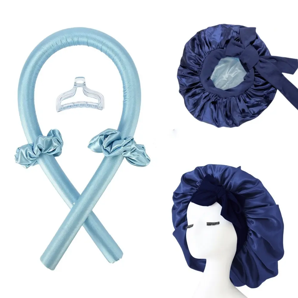 Women's Heatless Curler Set - Silk Bonnet, Satin Sleep Cap, Adjustable Curlwrap Hairband, Styling Tools for Frizz Control, Bouncy Curls & Wavy Hair Styling, Ideal Christmas Gift for Daughter, Curly Style, Girls, Teenager, Adjustable Size, Female Set, Friz