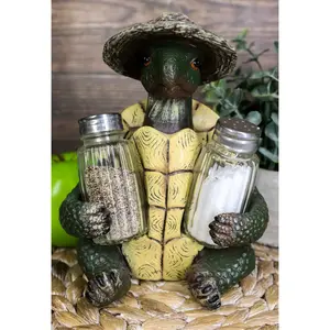 Ebros Slow Seasons Camping Turtle With Wicker Hat Salt And Pepper Shakers 7"H
