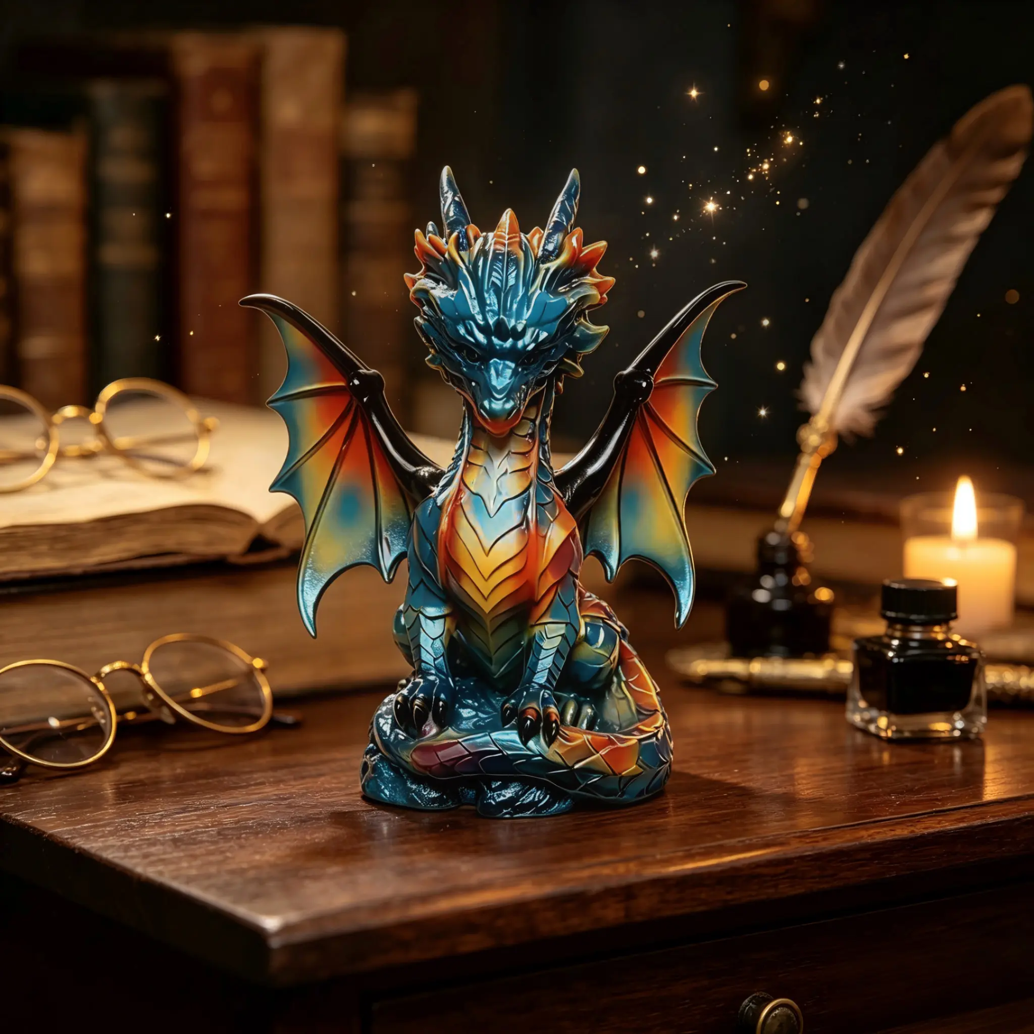 Rainbow Color Dragon Lamp – Multicolor Gradient Resin Sculpture & Night Light, plug-in powered for Bedroom Desk Fantasy Decor. Purple, red, orange, blue mix with pearl-like scales. decoration