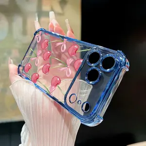 Cherry Bows Pattern Four Corner Anti-Fall Phone Case Transparent Electroplated Protective Cover for iPhone 17 16 Pro Max 15 Plus 14 13 12 11 E Air