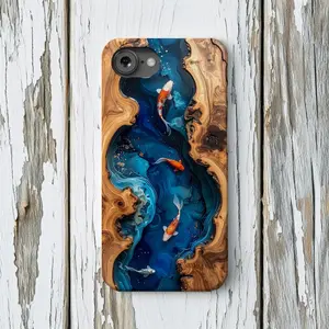 Koi Fish Faux Wood Resin Phone Case, Blue Epoxy iPhone MagSafe Tough Case 17 16 15 14 13 12 11 Air Pro Max