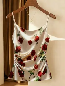 Women's High-End Satin Sleeveless Top, Elegant Floral Fitted No-Sleeve Blouse, Perfect for Casual Wear & Stylish