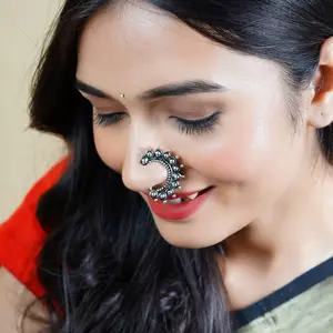 Exquisite Marathi Oxidized Nath | Clip-On Nose Ring for Weddings & Festivities | Timeless Faux Pearl Elegance | Non-Piercing