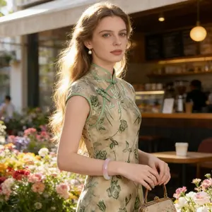 Vintage Green Floral Embroidered Qipao | Sheer Mesh Yoke Cheongsam Dress