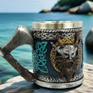 Viking Pirate Design Coffee Mug, 1 Count Stainless Steel Interior Insulated Coffee Cup, Novelty Norse Drinking Cup for Home Office Daily Use, Unique Viking Gifts for Men Him Dad, Birthday Holiday Gift for Friend & Family