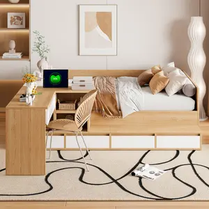 Full Size Daybed with Dressing Table Built-in Flip-up Mirror, L-Shape Captains Day Bed Frame with Storage Bookcase Headboard and 6 Drawers, USB-Port, No Box Spring Needed bed frame queen bed frame