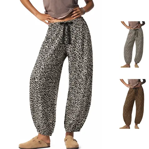 SCUSTY Women's Leopard Print Barrel Sweatpants Cheetah Drawstring Elastic Waist Baggy Comfy Flowy Jogger Trousers with Pockets