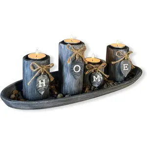 Wooden Candle Holders Centerpieces for Living Room Coffee Table Decorations,Farmhouse Table Decor Tealight Candles Holders with Rustic Tray,Candlesticks for Home Decoration Fireplace Kitchen (Home)