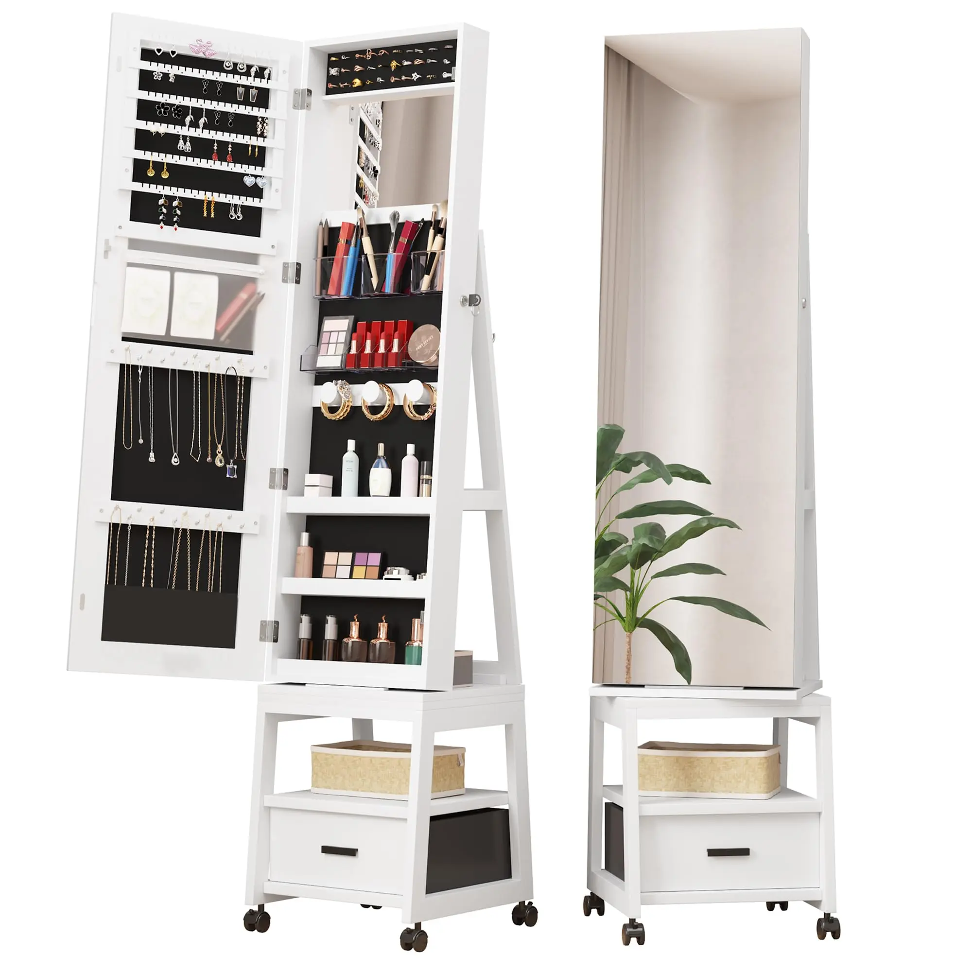 【GARVEE】360° Swivel Jewelry Armoire with Locking Feature, Full Length and Makeup Mirrors, Bottom Drawer, Rear Storage Shelves, Wheels, White MDF+Iron+Glass Cabinet, Large Capacity, Floor Standing, Flip Cover Design