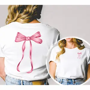 Coquette Bow T-Shirt, Front And Back Bow Graphic Tee, Feminine Ribbon Bow Casual Top