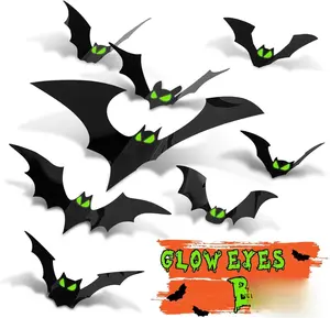 Spooky 56‑Pc 3D Bats w/ Glowing Eyes | Gothic Halloween Wall & Window Decor – Scary Indoor/Outdoor DIY Plastic Party Stickers for Home, Bathroom, Kitchen