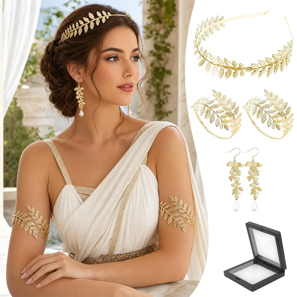 5 Pieces Greek Goddess Costume Accessories Set, 1 Piece Golden Leaf Crown Headband, 2 Pieces Coil Upper Armband Bracelet, 2 Pieces Dangle Earrings, Bridal Wedding Headpiece Toga Costume