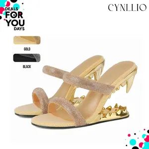 CYNLLIO Womens Morso Rhinestone Metallic Mule Heels Avant-Garde Tiger Teeth Shark Heel Sandals Dual Glitter Two Strap Open Square Toe Slip-On Mule Sculpted Architectural Heel Party Wedding Spring Summer Graduation Heels Deals For You Days