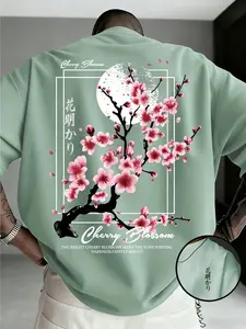 Vintage Japanese Cherry Blossom Moon Night Print Short Sleeve T-Shirt, Men's Trendy Y2K Casual Top, Fitted Long Sleeveless Tee